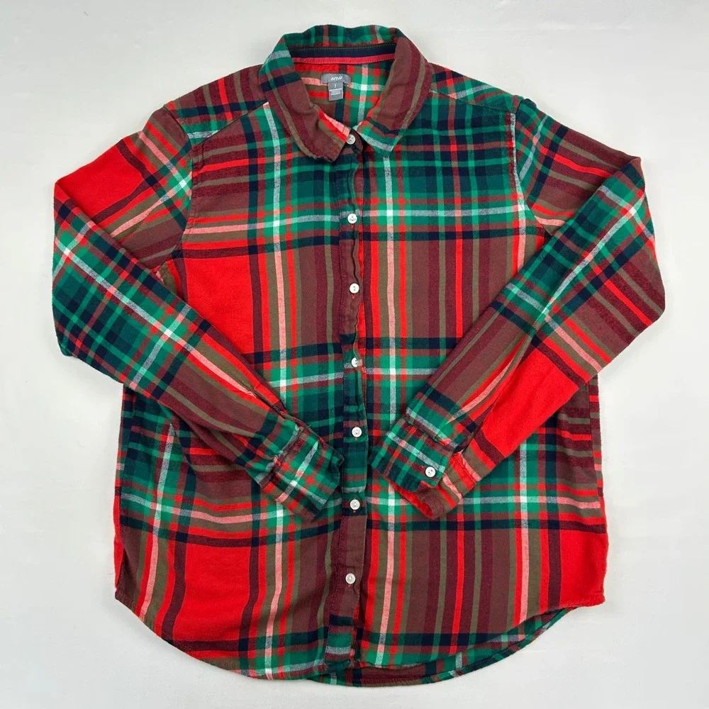 Aerie Womens Red Green Plaid Flannel Button Down Shirt Size S Cotton Blend